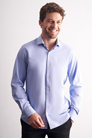 Mavi Yarım İtalyan Yaka Uzun Kol Premium Slim Fit %100 Pamuk Gömlek 1004255194