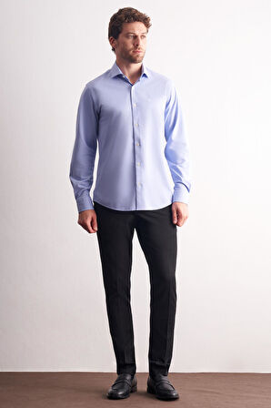 Mavi Yarım İtalyan Yaka Uzun Kol Premium Slim Fit %100 Pamuk Gömlek 1004255194