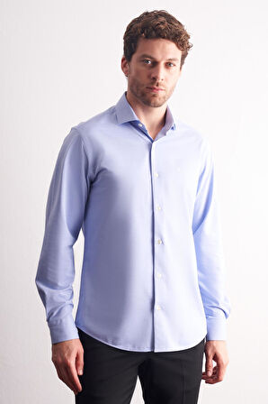 Mavi Yarım İtalyan Yaka Uzun Kol Premium Slim Fit %100 Pamuk Gömlek 1004255194