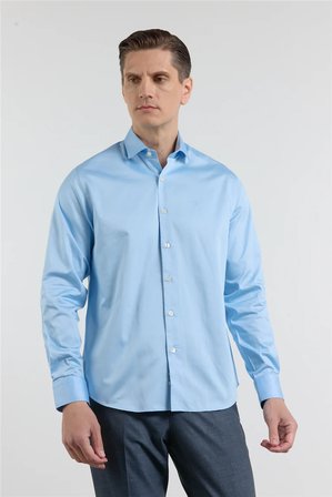 Mavi Yarım İtalyan Yaka Saten Uzun Kol Premium Slim Fit %100 Pamuk Gömlek 1004255195