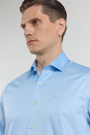Mavi Yarım İtalyan Yaka Saten Uzun Kol Premium Slim Fit %100 Pamuk Gömlek 1004255195