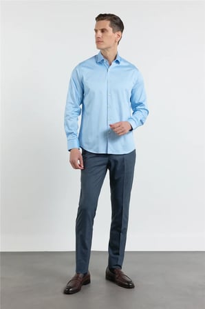 Mavi Yarım İtalyan Yaka Saten Uzun Kol Premium Slim Fit %100 Pamuk Gömlek 1004255195