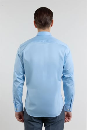 Mavi Yarım İtalyan Yaka Saten Uzun Kol Premium Slim Fit %100 Pamuk Gömlek 1004255195