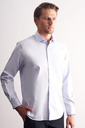 Açık Mavi Yarım İtalyan Yaka Saten Uzun Kol Premium Slim Fit %100 Pamuk Gömlek 1004255195