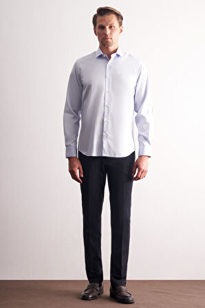 Açık Mavi Yarım İtalyan Yaka Saten Uzun Kol Premium Slim Fit %100 Pamuk Gömlek 1004255195