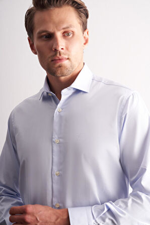 Açık Mavi Yarım İtalyan Yaka Saten Uzun Kol Premium Slim Fit %100 Pamuk Gömlek 1004255195