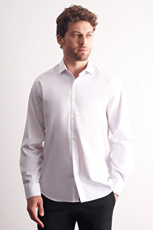 Beyaz Yarım İtalyan Yaka Saten Uzun Kol Premium Slim Fit %100 Pamuk Gömlek 1004255195