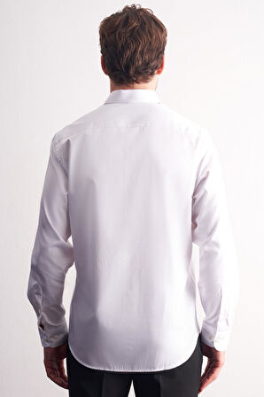 Beyaz Yarım İtalyan Yaka Saten Uzun Kol Premium Slim Fit %100 Pamuk Gömlek 1004255195