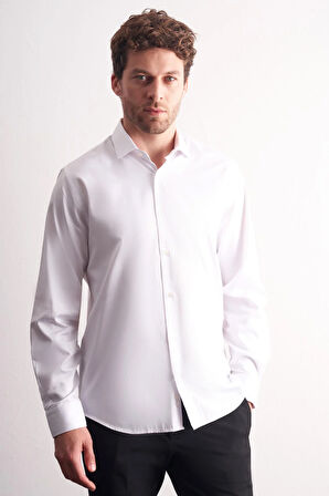 Beyaz Yarım İtalyan Yaka Saten Uzun Kol Premium Slim Fit %100 Pamuk Gömlek 1004255195