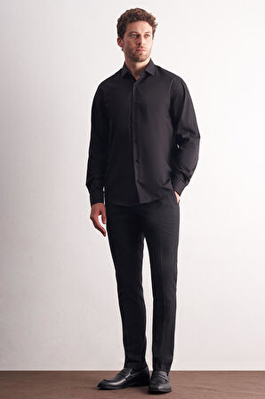 Siyah Yarım İtalyan Yaka Uzun Kol Premium Slim Fit %100 Pamuk Gömlek 1004255196