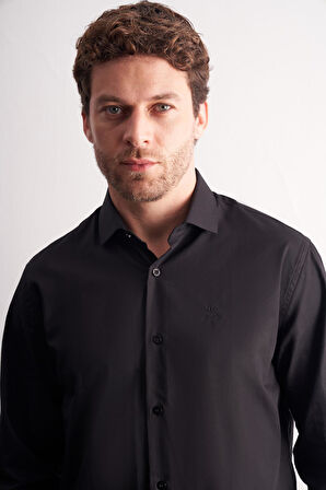 Siyah Yarım İtalyan Yaka Uzun Kol Premium Slim Fit %100 Pamuk Gömlek 1004255196