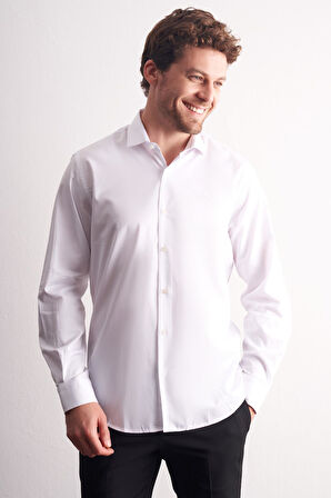 Beyaz Yarım İtalyan Yaka Uzun Kol Premium Slim Fit %100 Pamuk Gömlek 1004255197