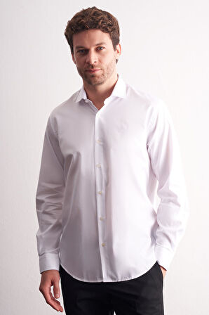 Beyaz Yarım İtalyan Yaka Uzun Kol Premium Slim Fit %100 Pamuk Gömlek 1004255197
