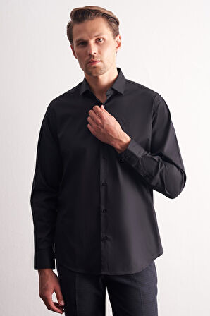 Siyah Yarım İtalyan Yaka Uzun Kol Premium Slim Fit Pamuklu Gömlek 1004255198