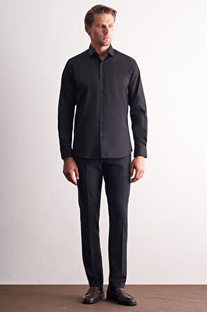 Siyah Yarım İtalyan Yaka Uzun Kol Premium Slim Fit Pamuklu Gömlek 1004255198