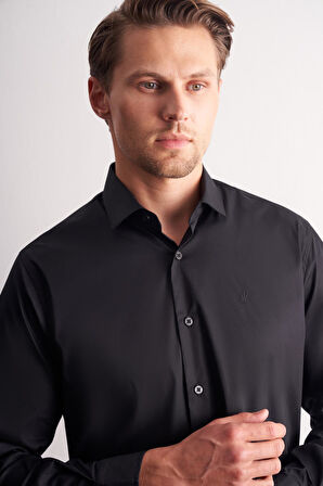 Siyah Yarım İtalyan Yaka Uzun Kol Premium Slim Fit Pamuklu Gömlek 1004255198