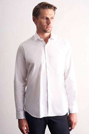 Beyaz Yarım İtalyan Yaka Uzun Kol Premium Slim Fit Pamuklu Gömlek 1004255198