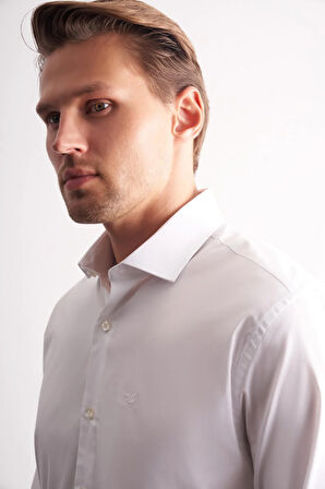 Beyaz Yarım İtalyan Yaka Uzun Kol Premium Slim Fit Pamuklu Gömlek 1004255198