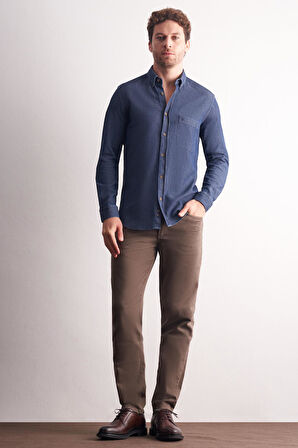 Lacivert - Beyaz Uzun Kol Düğmeli Yaka Kendinden Desenli %100 Pamuk Slim Fit Gömlek 1004255199