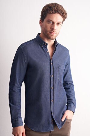 Lacivert - Beyaz Uzun Kol Düğmeli Yaka Kendinden Desenli %100 Pamuk Slim Fit Gömlek 1004255199