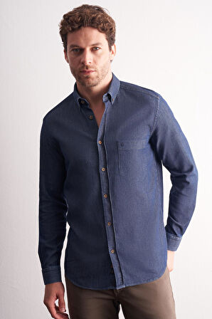 Lacivert - Beyaz Uzun Kol Düğmeli Yaka Kendinden Desenli %100 Pamuk Slim Fit Gömlek 1004255199