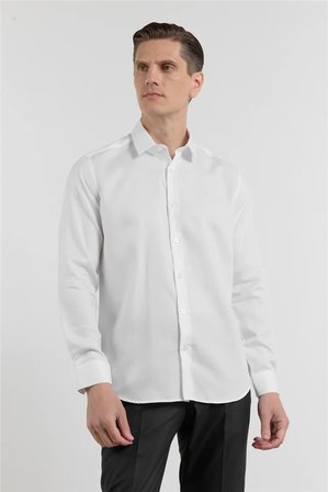 Beyaz Uzun Kol Sert Yaka Kendinden Desenli %100 Pamuk Slim Fit Gömlek 1004255202