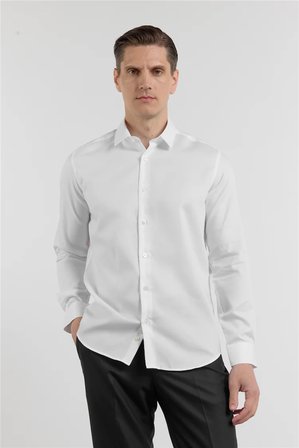 Beyaz Uzun Kol Sert Yaka Kendinden Desenli %100 Pamuk Slim Fit Gömlek 1004255202