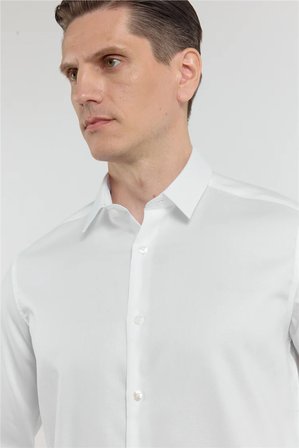 Beyaz Uzun Kol Sert Yaka Kendinden Desenli %100 Pamuk Slim Fit Gömlek 1004255202