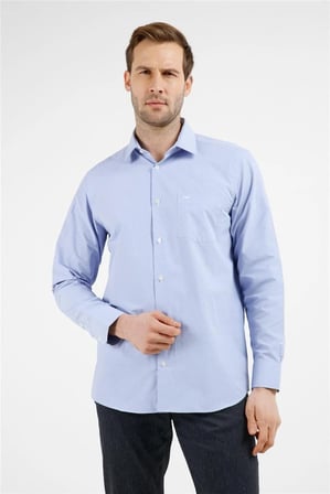 Mavi - Beyaz Kareli Desen Sert Yaka Uzun Kol Cepli Comfort Fit Pamuklu Gömlek 1004255207
