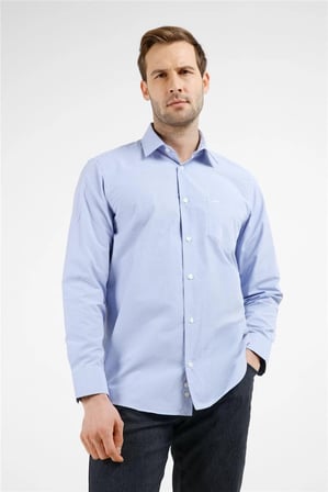 Mavi - Beyaz Kareli Desen Sert Yaka Uzun Kol Cepli Comfort Fit Pamuklu Gömlek 1004255207