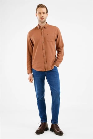 Açık Bej Düğmeli Yaka Uzun Kol Cepli Slim Fit %100 Pamuk Gömlek 1004255213