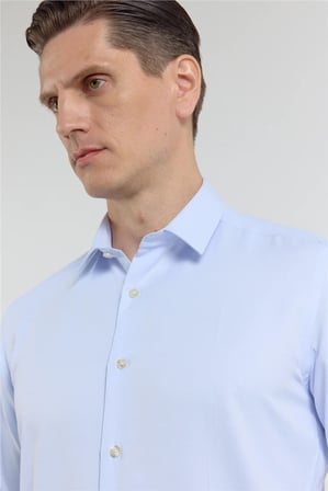 Mavi - Beyaz Kendinden Desenli Sert Yaka Uzun Kol Cepsiz Slim Fit Pamuklu Gömlek 1004255214