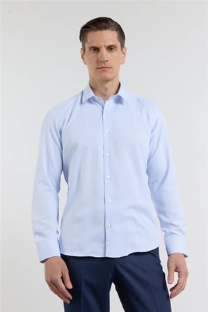 Mavi - Beyaz Kendinden Desenli Sert Yaka Uzun Kol Cepsiz Slim Fit Pamuklu Gömlek 1004255214