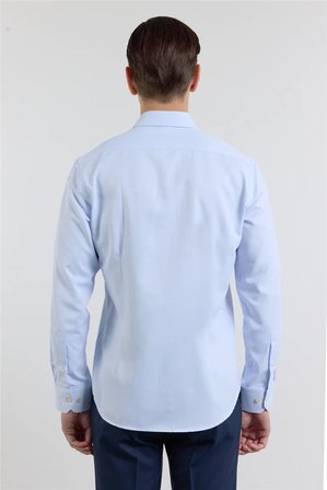 Mavi - Beyaz Kendinden Desenli Sert Yaka Uzun Kol Cepsiz Slim Fit Pamuklu Gömlek 1004255214