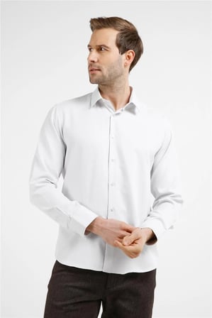 Bej-Beyaz Kendinden Desenli Sert Yaka Uzun Kol Cepsiz Slim Fit Pamuklu Gömlek 1004255214