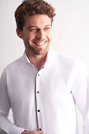 Beyaz Uzun Kol Ata Yaka Düz Pamuklu Slim Fit Gömlek 1004255215