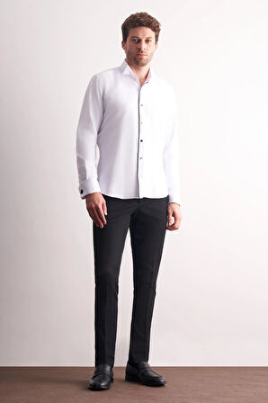 Beyaz Uzun Kol Ata Yaka Düz Pamuklu Slim Fit Gömlek 1004255215