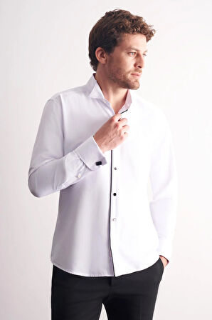 Beyaz Uzun Kol Ata Yaka Düz Pamuklu Slim Fit Gömlek 1004255215