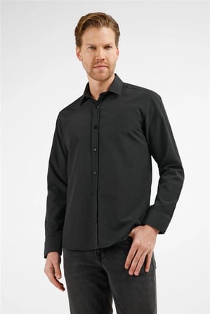 Siyah - Beyaz Kendinden Desenli Sert Yaka Uzun Kol Cepsiz Slim Fit Pamuklu Gömlek 1004255216