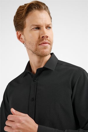 Siyah - Beyaz Kendinden Desenli Sert Yaka Uzun Kol Cepsiz Slim Fit Pamuklu Gömlek 1004255216