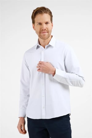 Beyaz - Mavi Kendinden Desenli Sert Yaka Uzun Kol Cepsiz Slim Fit Pamuklu Gömlek 1004255216