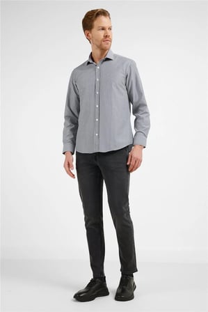 Siyah - Beyaz Çizgili Desen İtalyan Yaka Uzun Kol Cepsiz Slim Fit Pamuklu Gömlek 1004255217