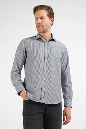 Siyah - Beyaz Çizgili Desen İtalyan Yaka Uzun Kol Cepsiz Slim Fit Pamuklu Gömlek 1004255217