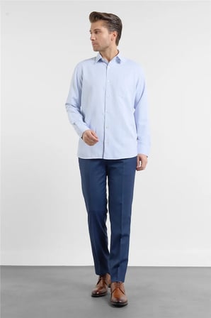 Lacivert Kendinden Desenli Sert Yaka Uzun Kol Cepli Comfort Fit Pamuklu Gömlek 1004255219