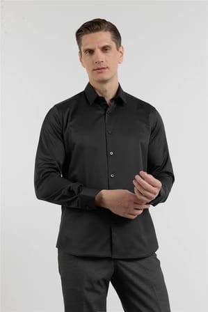 Siyah Sert Yaka Uzun Kol Cepsiz Slim Fit Pamuklu Gömlek 1004255228