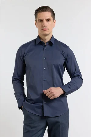 Koyu Lacivert Sert Yaka Uzun Kol Cepsiz Slim Fit Pamuklu Gömlek 1004255228