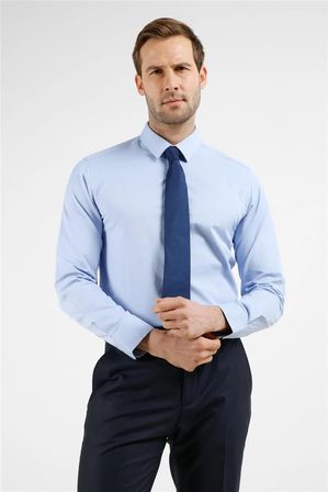 Koyu Mavi Sert Yaka Uzun Kol Cepsiz Slim Fit Pamuklu Gömlek 1004255228