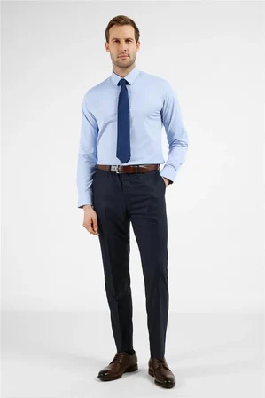Koyu Mavi Sert Yaka Uzun Kol Cepsiz Slim Fit Pamuklu Gömlek 1004255228