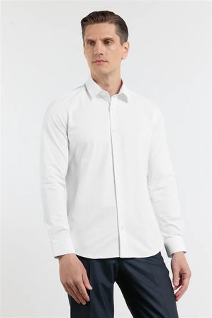 Beyaz Kendinden Desenli Sert Yaka Uzun Kol Cepsiz Slim Fit Pamuklu Gömlek 1004255230
