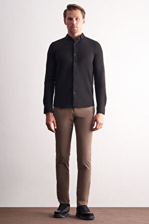 Siyah Uzun Kol Düğmeli Yaka Kendinden Desenli Pamuklu Slim Fit Gömlek 1004255267